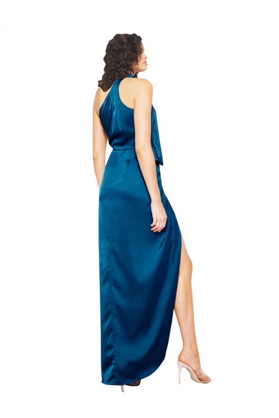 Buy High Halter Neck Formal Silky Satin Bridesmaid Dress / Prom Dress with Sash Overlay and Side Split UK