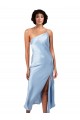 Buy Midi Length Short Formal Silky Satin Bridesmaid Dress / Cocktail Prom Dress with Asymmetric Neckline and High Side Split UK
