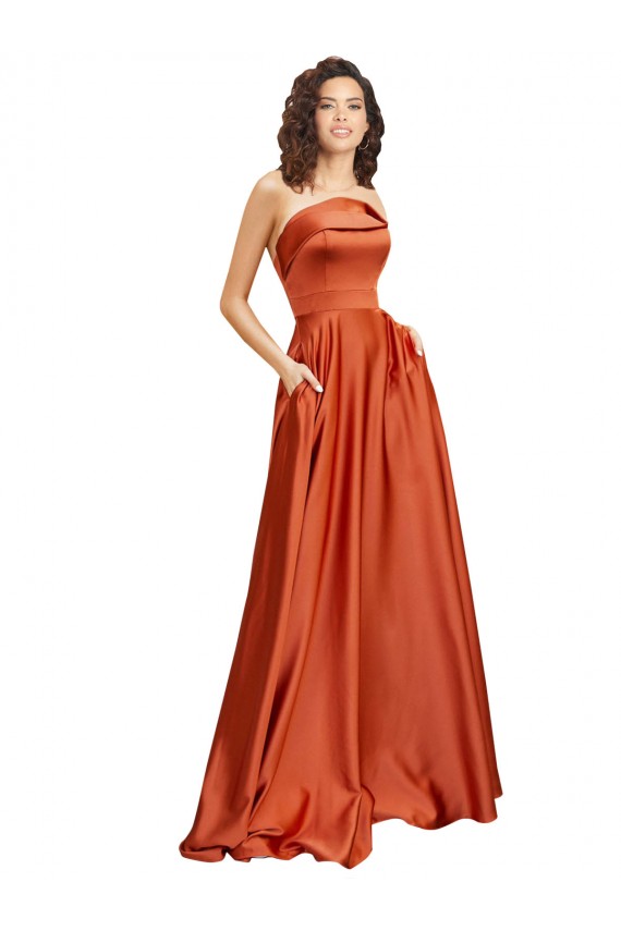 Buy Strapless Sweep Train Formal Silky Satin Bridesmaid Dress / Prom Dress with Pleats UK