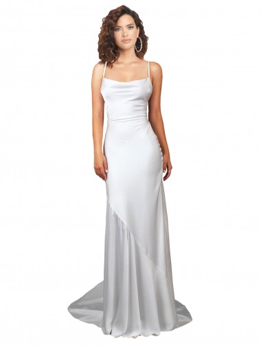 Buy Simple Lace Up Back Cowl Neck Long Sweep Train Silky Satin Beach Wedding Dress UK