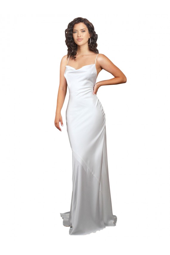Buy Simple Sweep Train Low Back Tie Cowl Neck Long Silky Satin Beach Wedding Dress UK