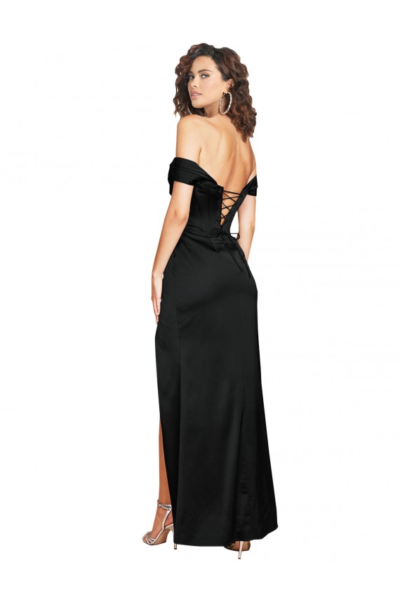 Buy Fitted Sweetheart Neckline Formal Silky Satin Bridesmaid Dress / Prom Dress with Off the Shoulder Sleeves and High Slit UK