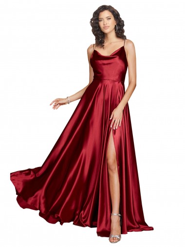 Buy Cowl Neckline Long Formal Silky Satin Bridesmaid Dress / Prom Dress with Spaghetti Straps UK