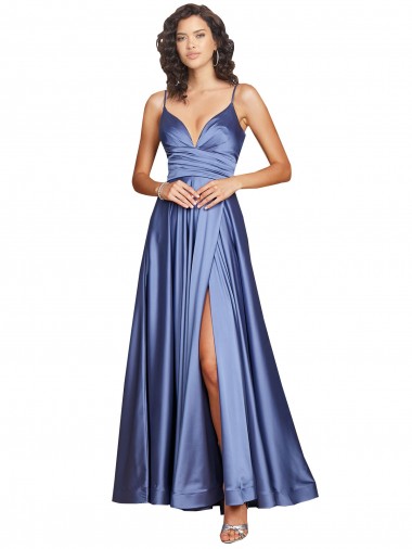 Buy Deep V-Neck Sweetheart Long Formal Silky Satin Bridesmaid Dress / Prom Dress with Thigh High Slit UK