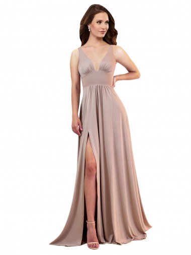 Buy Long A-Line Plunge V-Neckline Formal Spandex Bridesmaid Dress / Prom Dress with Slit UK