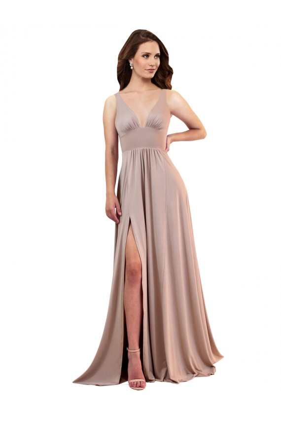 Buy Long A-Line Plunge V-Neckline Formal Spandex Bridesmaid Dress / Prom Dress with Slit UK