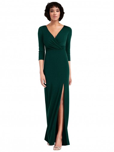 Buy Floor Length 3/4 Sleeves V-Back Draped Wrap Formal Maxi Spandex Bridesmaid Dress / Prom Dress UK