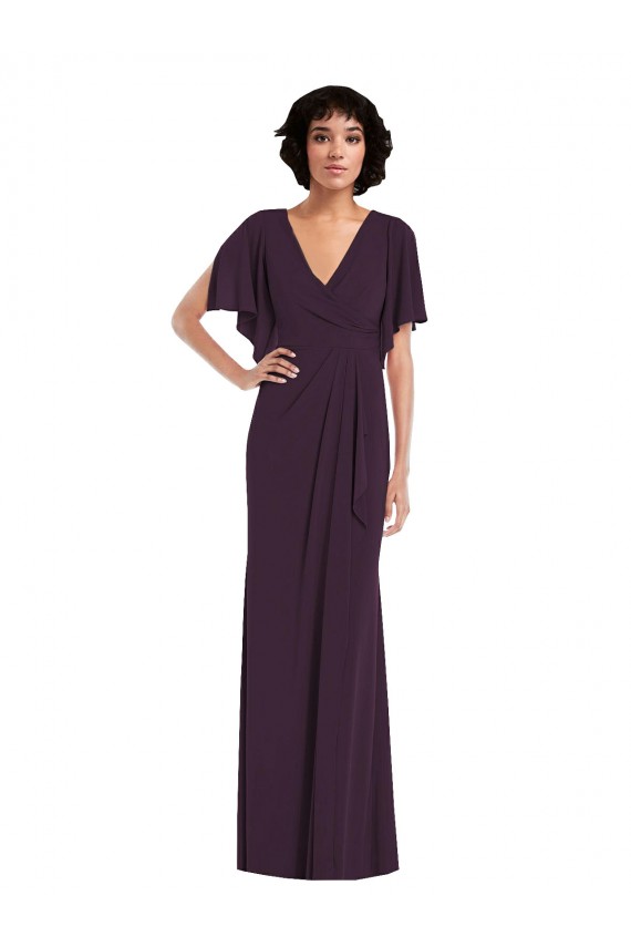 Buy Faux Wrap Split Sleeves Formal Maxi Spandex Bridesmaid Dress / Prom Dress with Cascade Skirt UK
