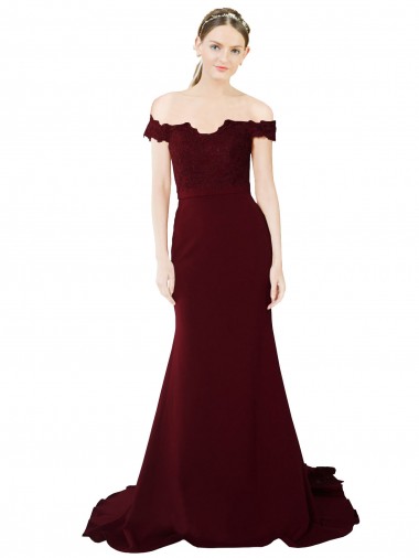Buy Full Length Off the Shoulder Formal Crepe Bridesmaid Dress / Prom Dress with Lace On Bodice and Back UK