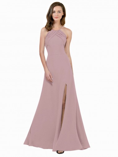 Buy High Neck Crepe Bridesmaid Dress / Prom Dress with Pleats and Keyhole Back UK