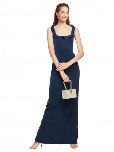 Buy Scoop Neck with Ruffles Long Formal Crepe Bridesmaid Dress / Prom Dress with Back Slit UK