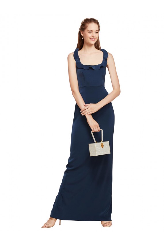 Buy Scoop Neck with Ruffles Long Formal Crepe Bridesmaid Dress / Prom Dress with Back Slit UK