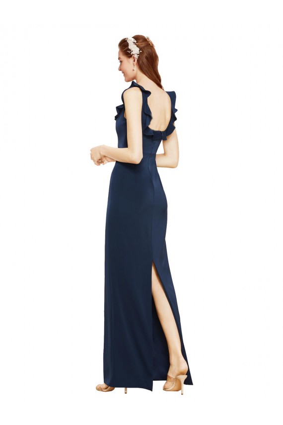 Buy Scoop Neck with Ruffles Long Formal Crepe Bridesmaid Dress / Prom Dress with Back Slit UK