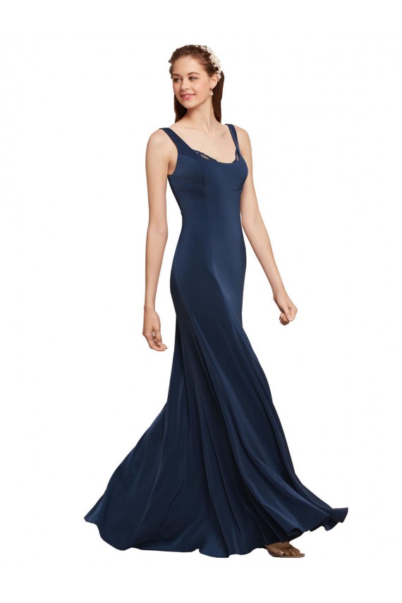 Buy Fit and Flare Long Formal Crepe Bridesmaid Dress / Prom Dress with Round Neck UK