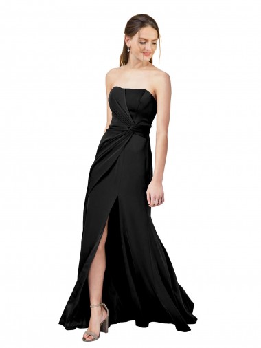 Buy Strapless Fit and Flare Long Formal Crepe Bridesmaid Dress / Prom Dress with Knot and Slit UK