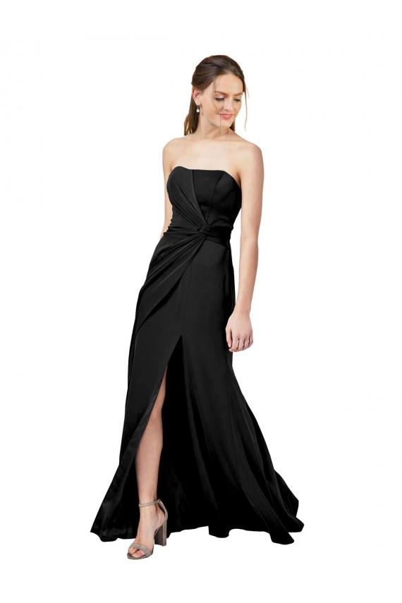 Buy Strapless Fit and Flare Long Formal Crepe Bridesmaid Dress / Prom Dress with Knot and Slit UK