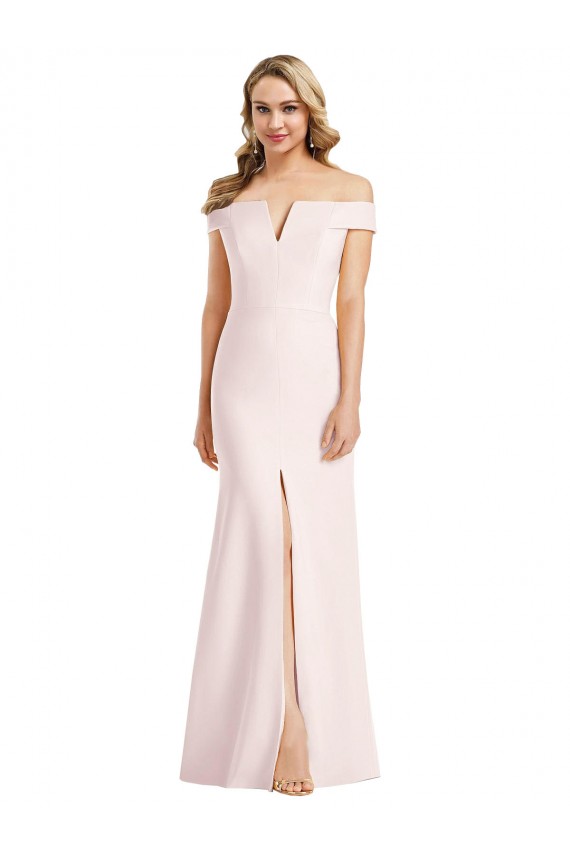 Buy Off the Shoulder Notch Trumpet Formal Crepe Bridesmaid Dress / Prom Dress with Front Slit UK