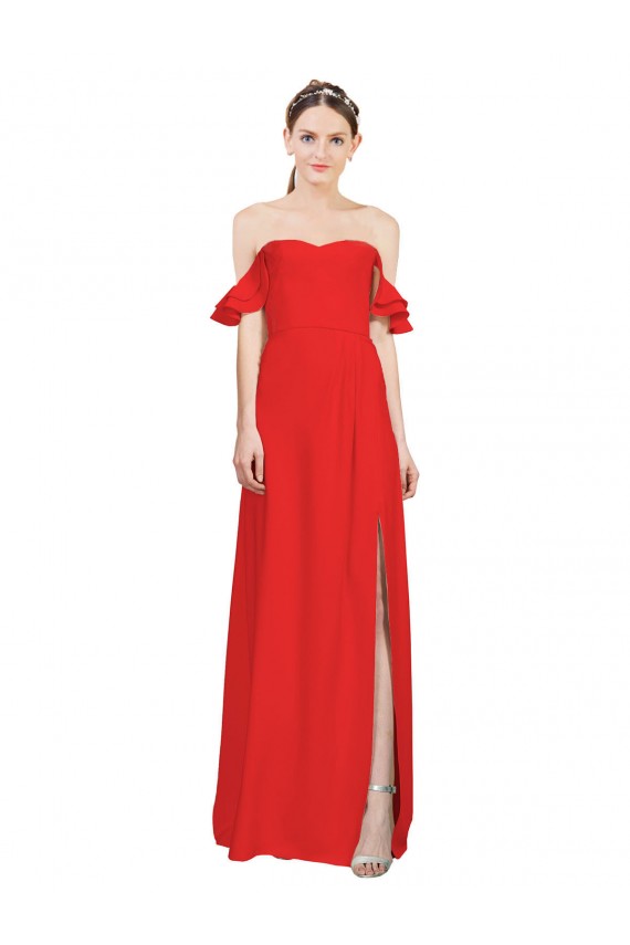 Buy Double Ruffle Flounce Sleeves Formal Crepe Bridesmaid Dress / Prom Dress with Slit UK