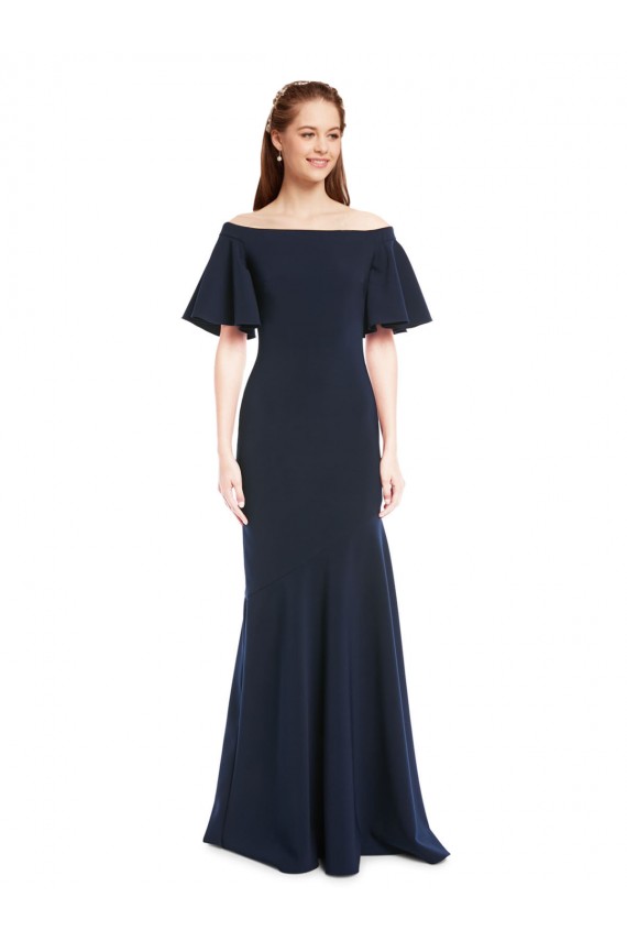 Buy Off the Shoulder Formal Crepe Bridesmaid Dress / Prom Dress with Short Ruffle Sleeves. UK