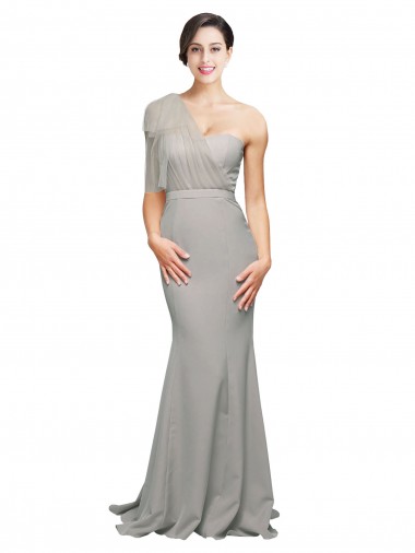 Buy Long Sweep Train Sweetheart Formal Crepe Bridesmaid Dress / Prom Dress with Tulle One Shoulder UK