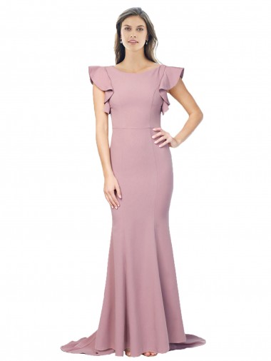 Buy Flutter Sleeves Low V-Back High Round Neck Formal Crepe Bridesmaid Dress / Prom Dress UK