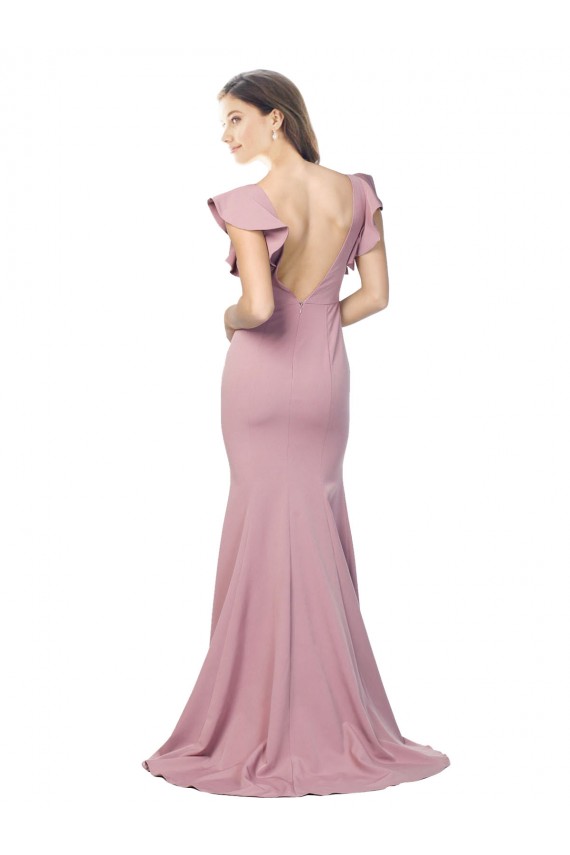 Buy Flutter Sleeves Low V-Back High Round Neck Formal Crepe Bridesmaid Dress / Prom Dress UK