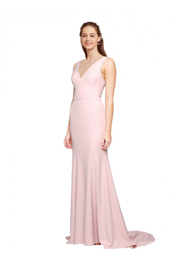 Buy Deep V-Neckline and Back Long Sweep Train Crepe Bridesmaid Dress / Prom Dress with Shoulder Straps UK