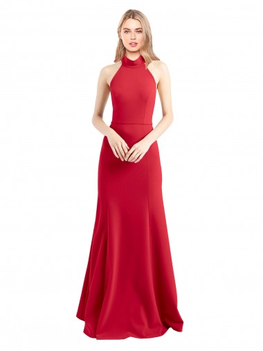 Buy Sleek Fit and Flare High Neck Halter Stretch Formal Crepe Bridesmaid Dress / Prom Dress with Open Back UK
