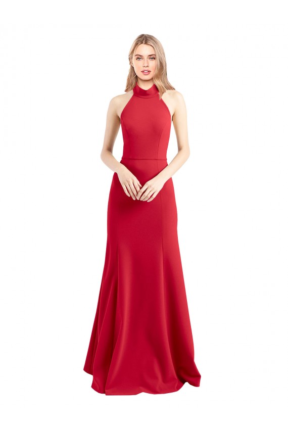 Buy Sleek Fit and Flare High Neck Halter Stretch Formal Crepe Bridesmaid Dress / Prom Dress with Open Back UK