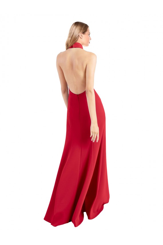 Buy Sleek Fit and Flare High Neck Halter Stretch Formal Crepe Bridesmaid Dress / Prom Dress with Open Back UK