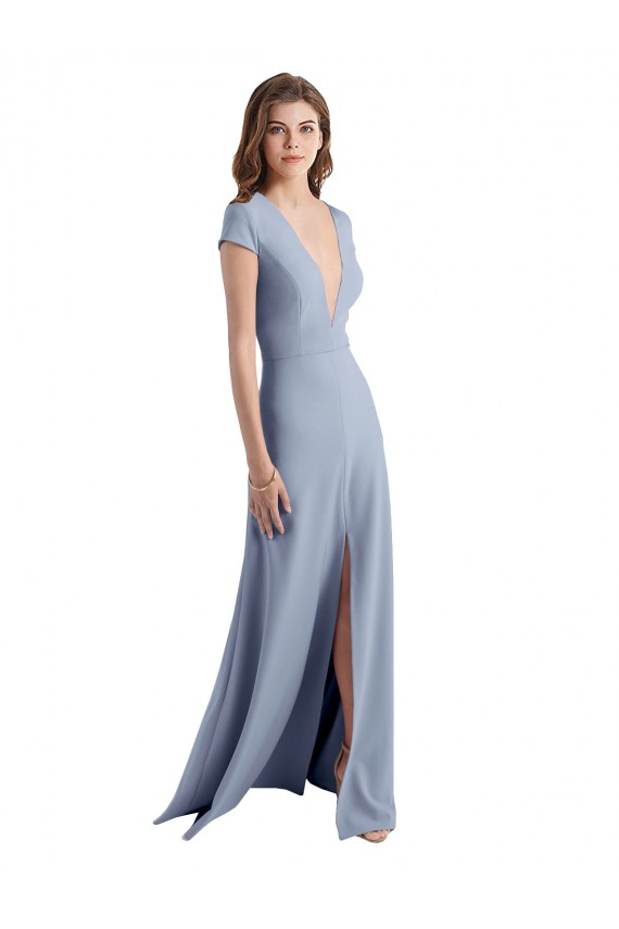 Buy Plunging V-Neck Cap Sleeves Stretch Crepe Bridesmaid Dress / Prom Dress with Front Slit UK
