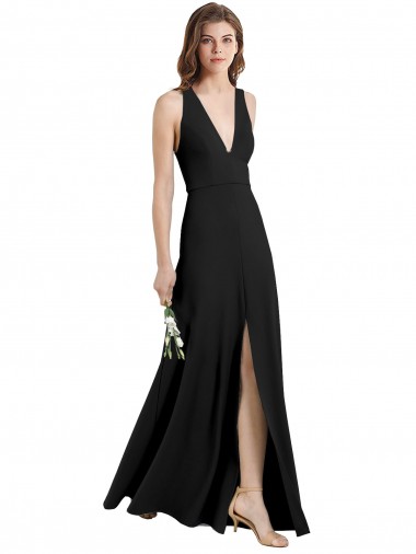 Buy Sleek Halter V-Neck Long A-Line Stretch Formal Crepe Bridesmaid Dress / Prom Dress with Front Slit UK