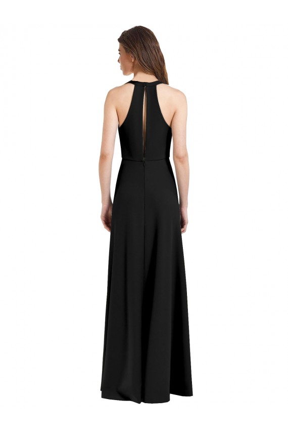 Buy Sleek Halter V-Neck Long A-Line Stretch Formal Crepe Bridesmaid Dress / Prom Dress with Front Slit UK