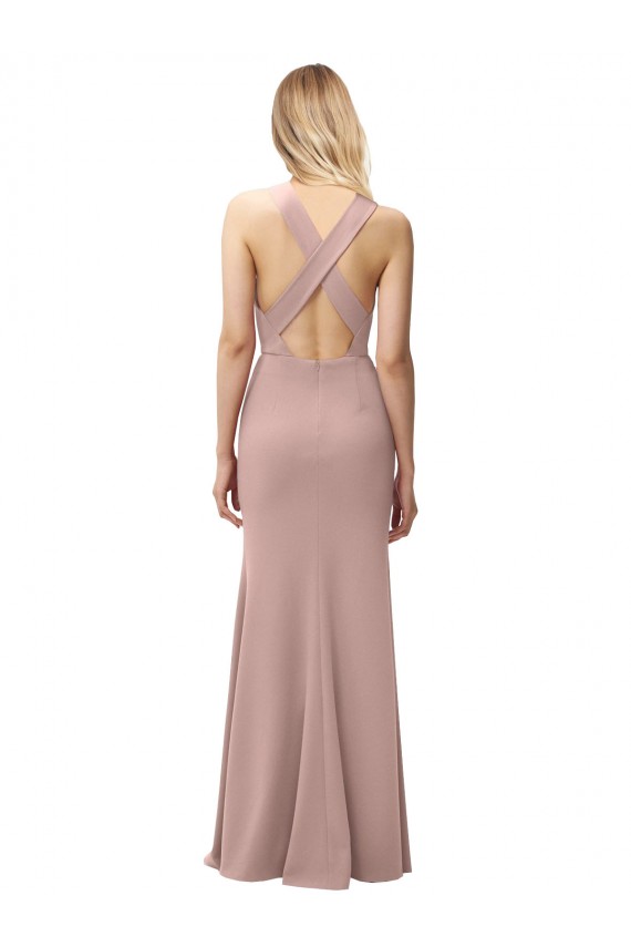 Buy Long Floor Length High Neck Fit and Flare Stretch Crepe Bridesmaid Dress / Prom Dress with Side Slit UK