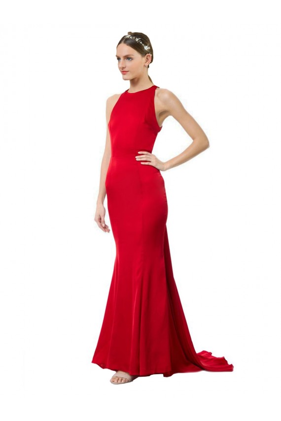 Buy High Neck Mermaid Open Back Formal Crepe Maxi Bridesmaid Dress / Prom Dress with Train Detail UK
