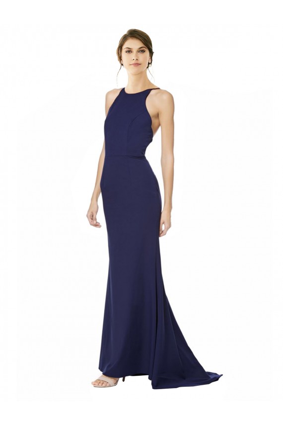 Buy Fishtail High Neck Maxi Formal Crepe Bridesmiad Dress with Strappy Back Detail UK