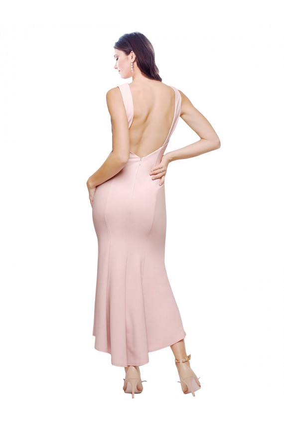 Buy High Neck Low V-Back Cocktail Midi Length Formal Crepe Bridesmaid Dress / Prom Dress UK