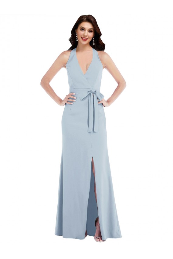 Buy Open Back Halter Maxi Formal Crepe Bridesmaid Dress / Prom Dress with Draped Bow UK
