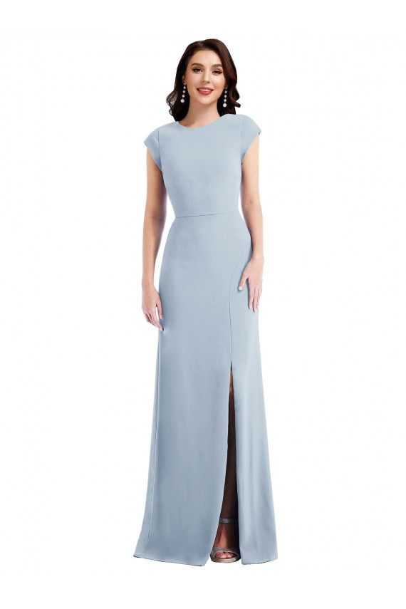 Buy Cap Sleeve Open Back Trumpet Formal Crepe Bridesmaid Dress / Prom Dress with Front Slit UK