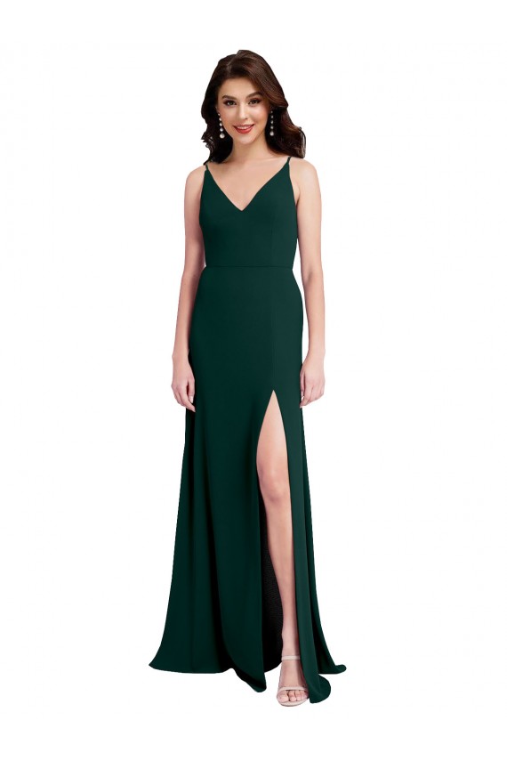 Buy Slim A-Line V-Neck Full Length Formal Crepe Bridesmaid Dress / Prom Dress with Side Slit UK