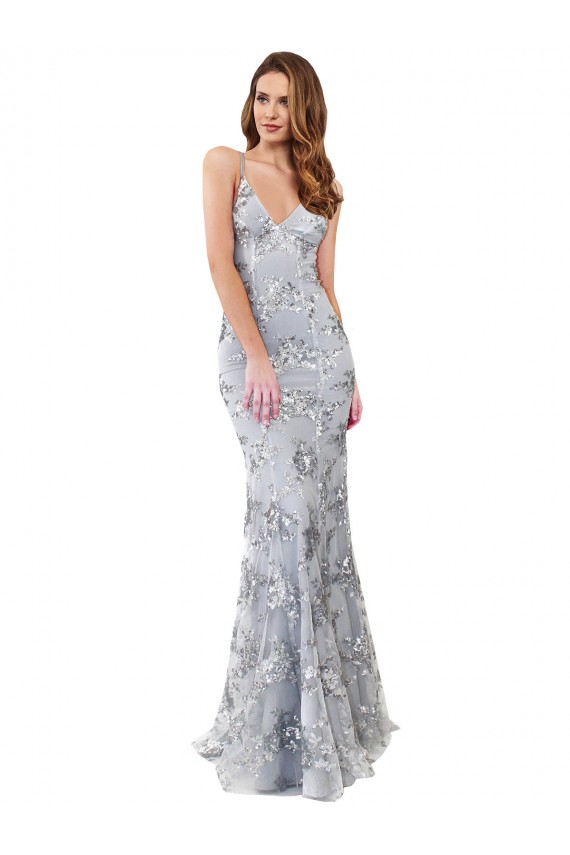 Buy Silver V-Neckline Backless Floral Patterned Sequin Formal Bridesmaid Dress / Prom Dress UK