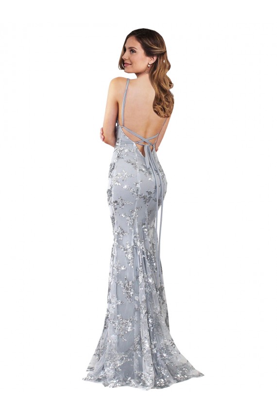 Buy Silver V-Neckline Backless Floral Patterned Sequin Formal Bridesmaid Dress / Prom Dress UK