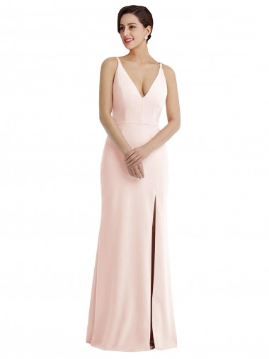 Buy Skinny Strap Deep V-Neck Trumpet Formal Crepe Bridesmaid Dress / Prom Dress with Front Slit UK