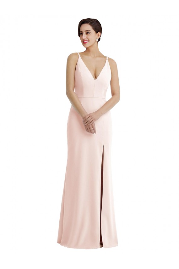 Buy Skinny Strap Deep V-Neck Trumpet Formal Crepe Bridesmaid Dress / Prom Dress with Front Slit UK