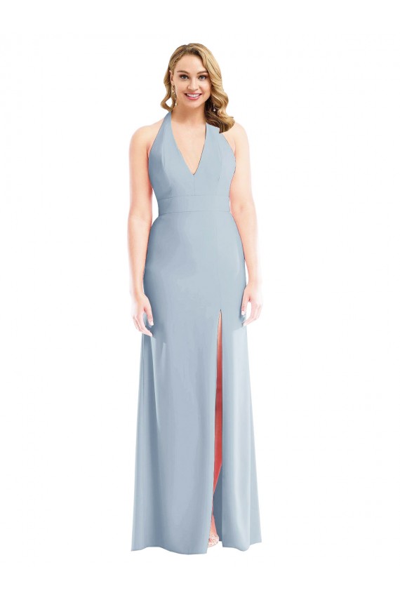 Buy Plunge Neck Halter Backless Trumpet Bridesmaid Dress / Prom Dress with Front Slit UK