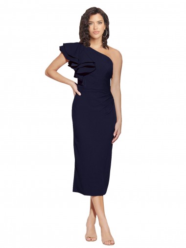 Buy Ruched Midi Length Short Cocktail Formal Crepe Bridesmaid Dress / Prom Dress with Shoulder Ruffles UK