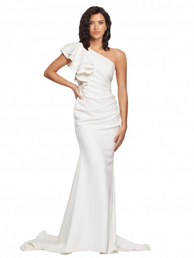 Buy Ruched Long Sweep Train Crepe Bridesmaid Dress / Prom Dress with Shoulder Ruffles UK