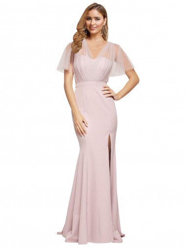 Buy Crepe Long Sweetheart Neckline Formal Bridesmaid Dress / Prom Dress with Tulle Overlay Shoulders UK