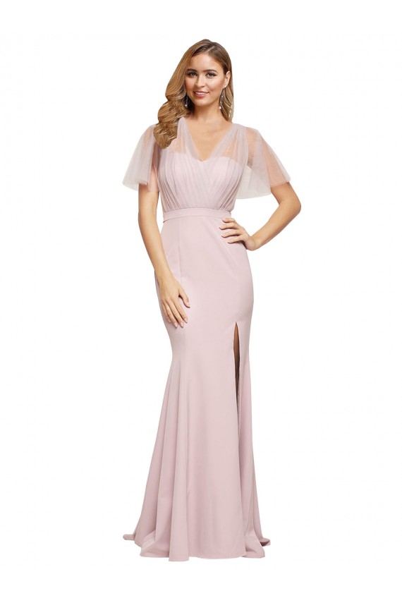 Buy Crepe Long Sweetheart Neckline Formal Bridesmaid Dress / Prom Dress with Tulle Overlay Shoulders UK