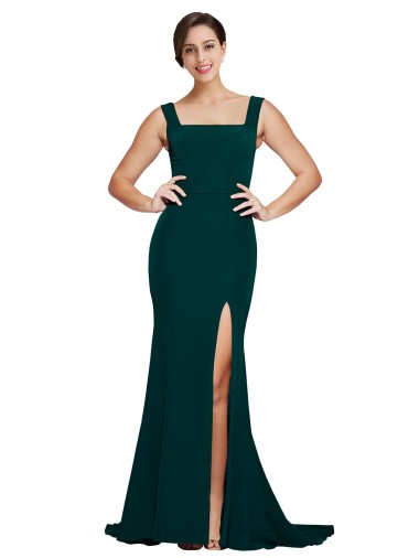 Buy Fitted Square Neck Long Crepe Bridesmaid Dress / Prom Dress with Train and Side Split UK